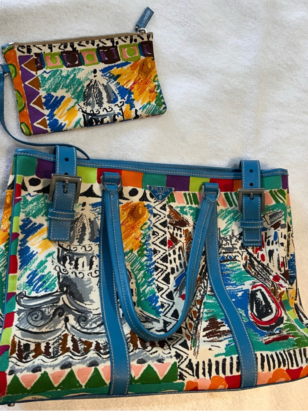 Prada Multicolor Printed Canvas Tote with Teal Leather Trim